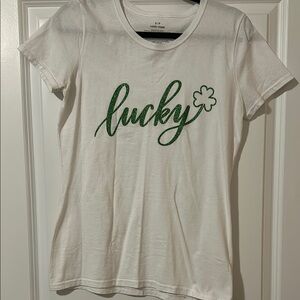 White T-Shirt with Green 'Lucky' Print